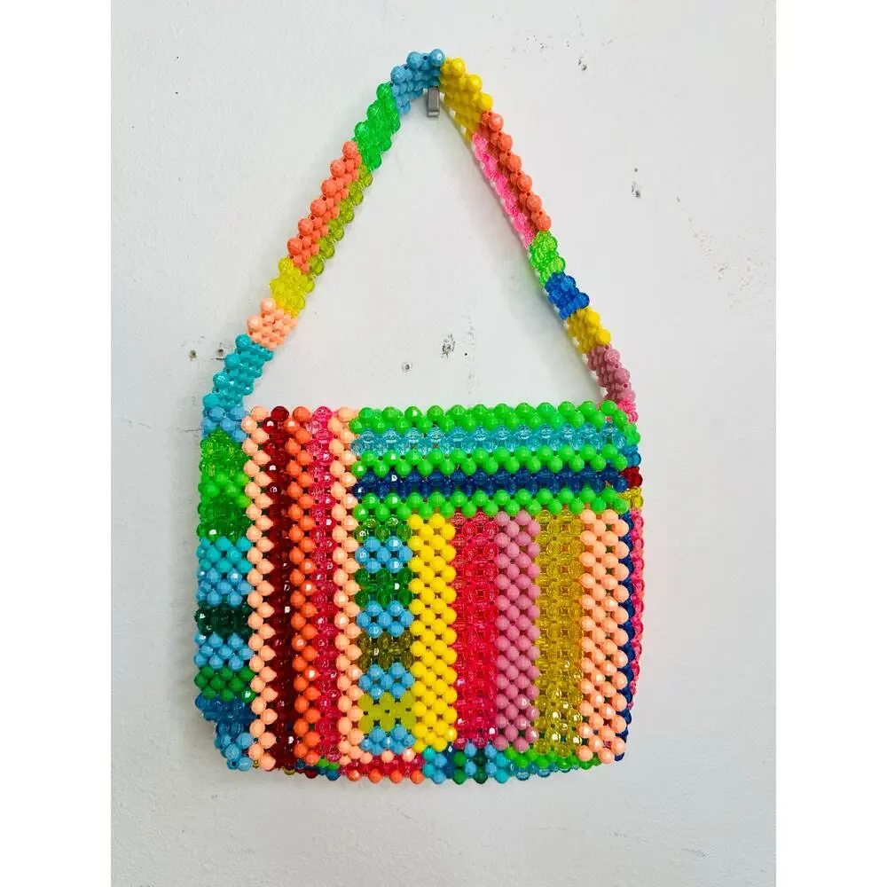 SUSAN ALEXANDRA Rainbow Colorful Beaded Beautiful Geometric Top Handle Bag